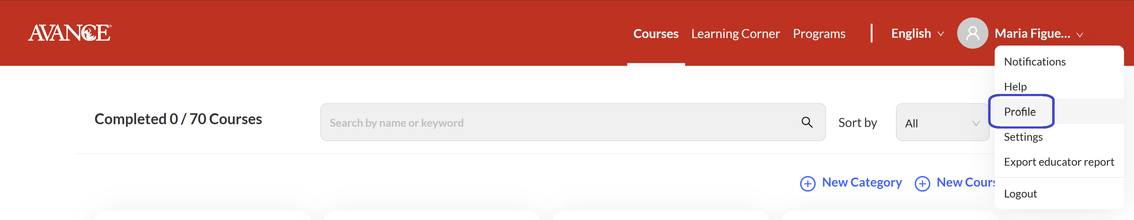 Screenshot showing Profile option in user dropdown menu