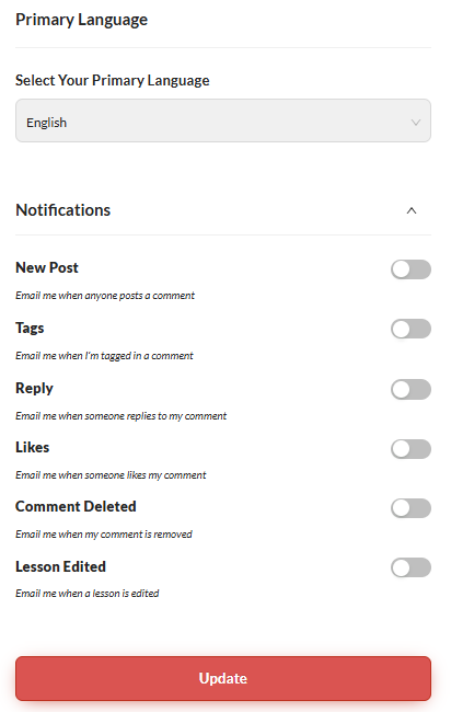 Screenshot showing Language and Notifications options for a user profile