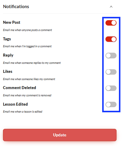 Screenshot showing toggles to turn Notifications on or off